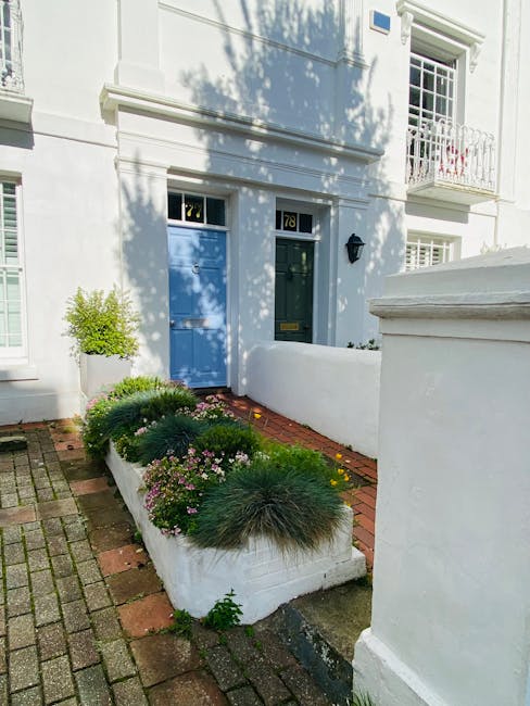 A small front garden in Blackheath featuring a narrow rectangular flower bed bordered by a low white wall, filled with a variety of plants including low-growing greenery, pink flowering plants, and or
